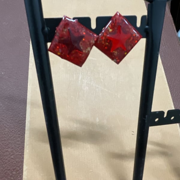 Handmade Red Glitter Star Resin Stud Earrings