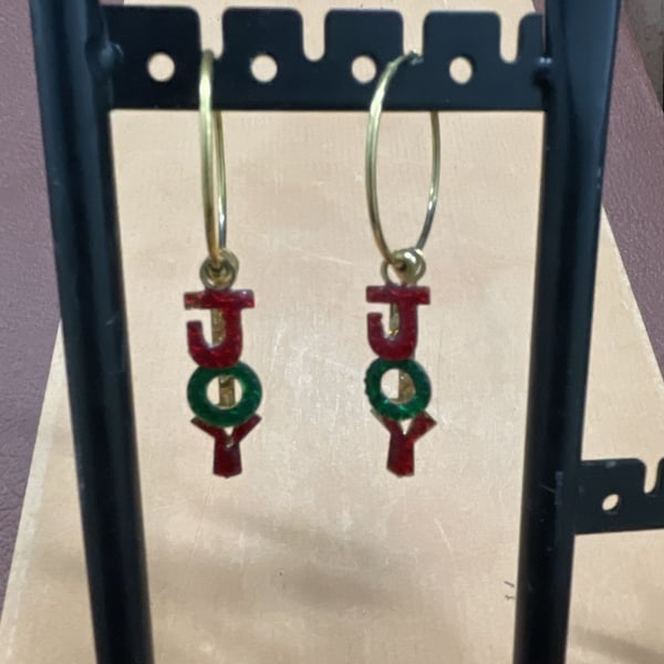 Gold Tone Red And Green Glitter Enamel Joy Dangle Hoop Earrings