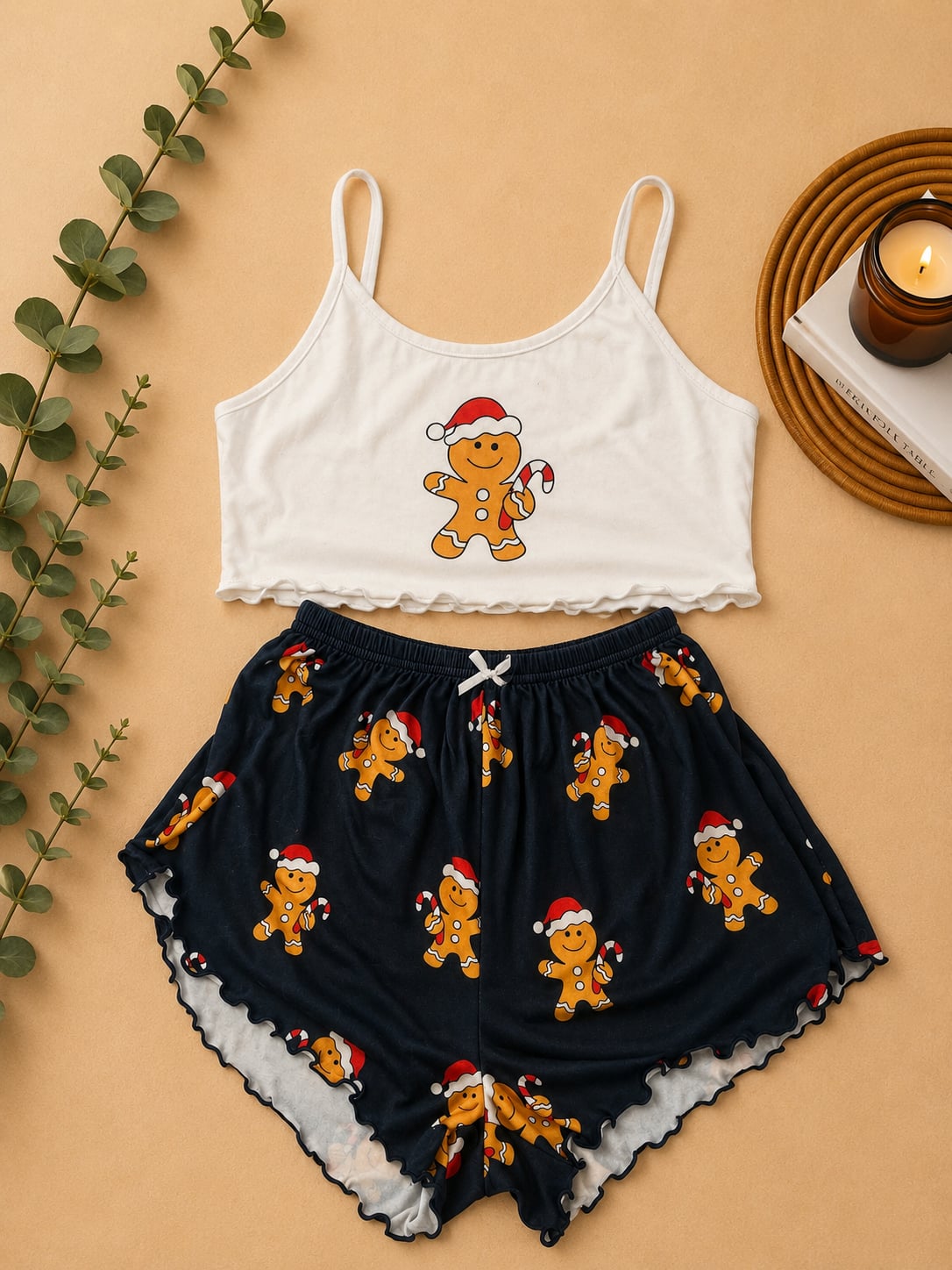 Women's Christmas Gingerbread Man Print Camisole and Shorts Pajama Set 1