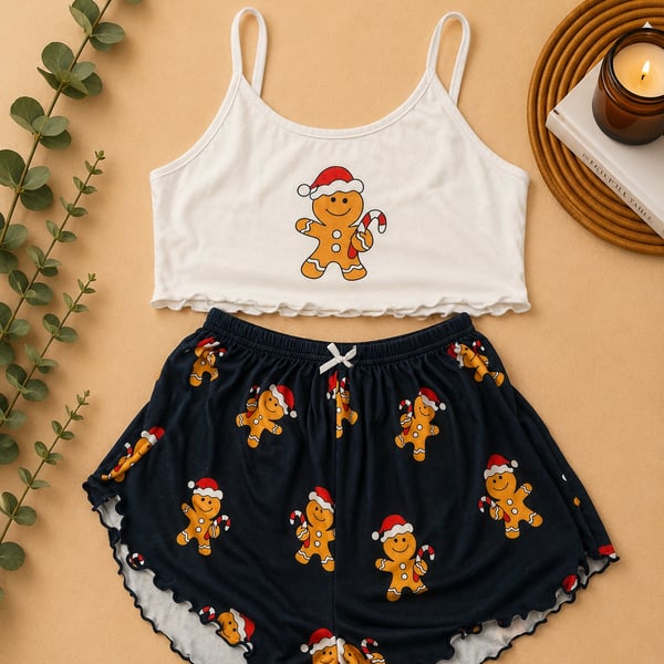 Women's Christmas Gingerbread Man Print Camisole and Shorts Pajama Set
