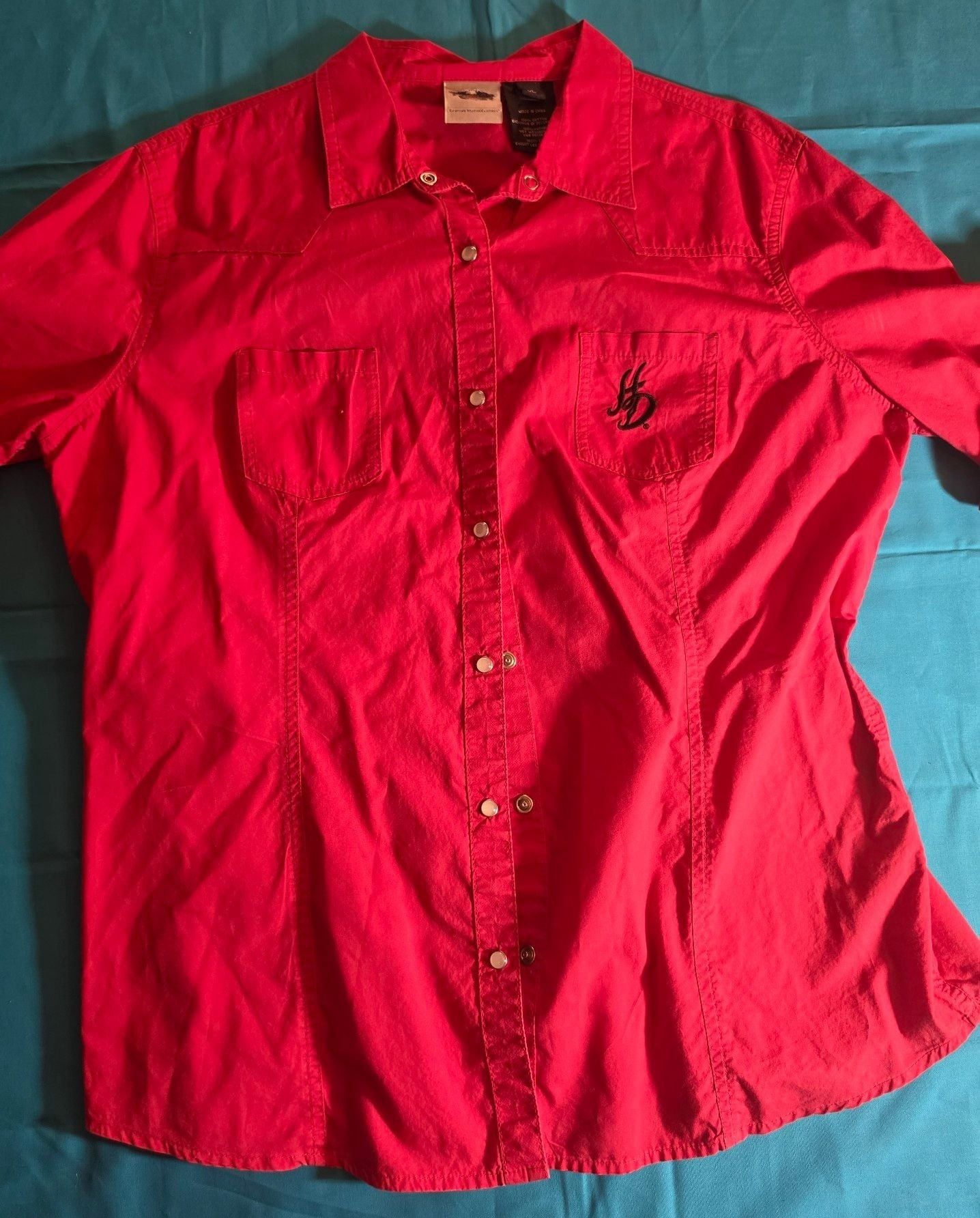 Harley-Davidson Women's Red Pearl Snap Shirt With Rhinestone Wing Graphic XL 2