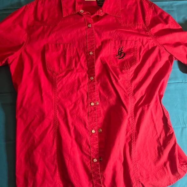 Harley-Davidson Women's Red Pearl Snap Shirt With Rhinestone Wing Graphic XL