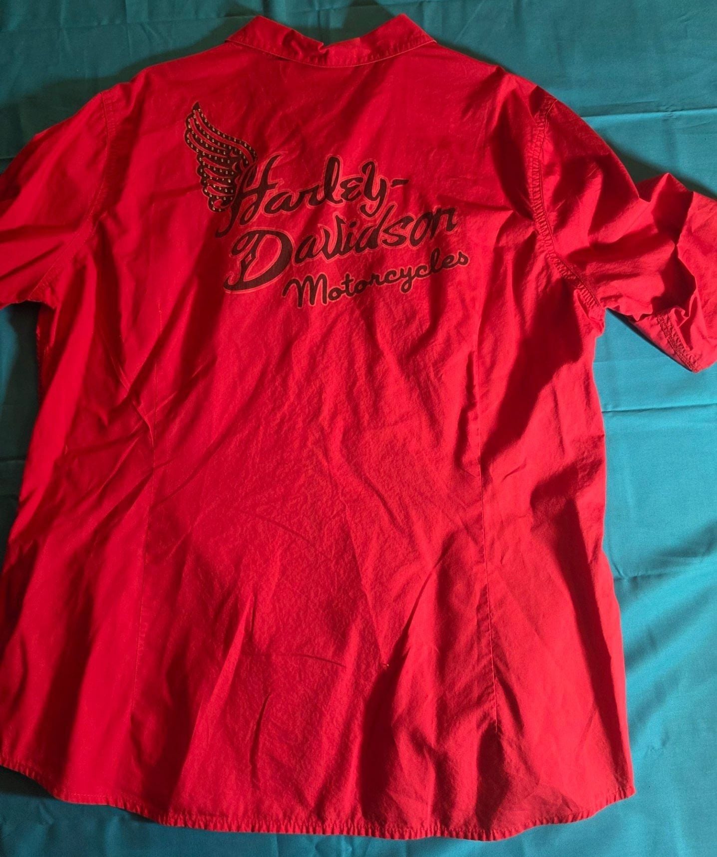 Harley-Davidson Women's Red Pearl Snap Shirt With Rhinestone Wing Graphic XL 5