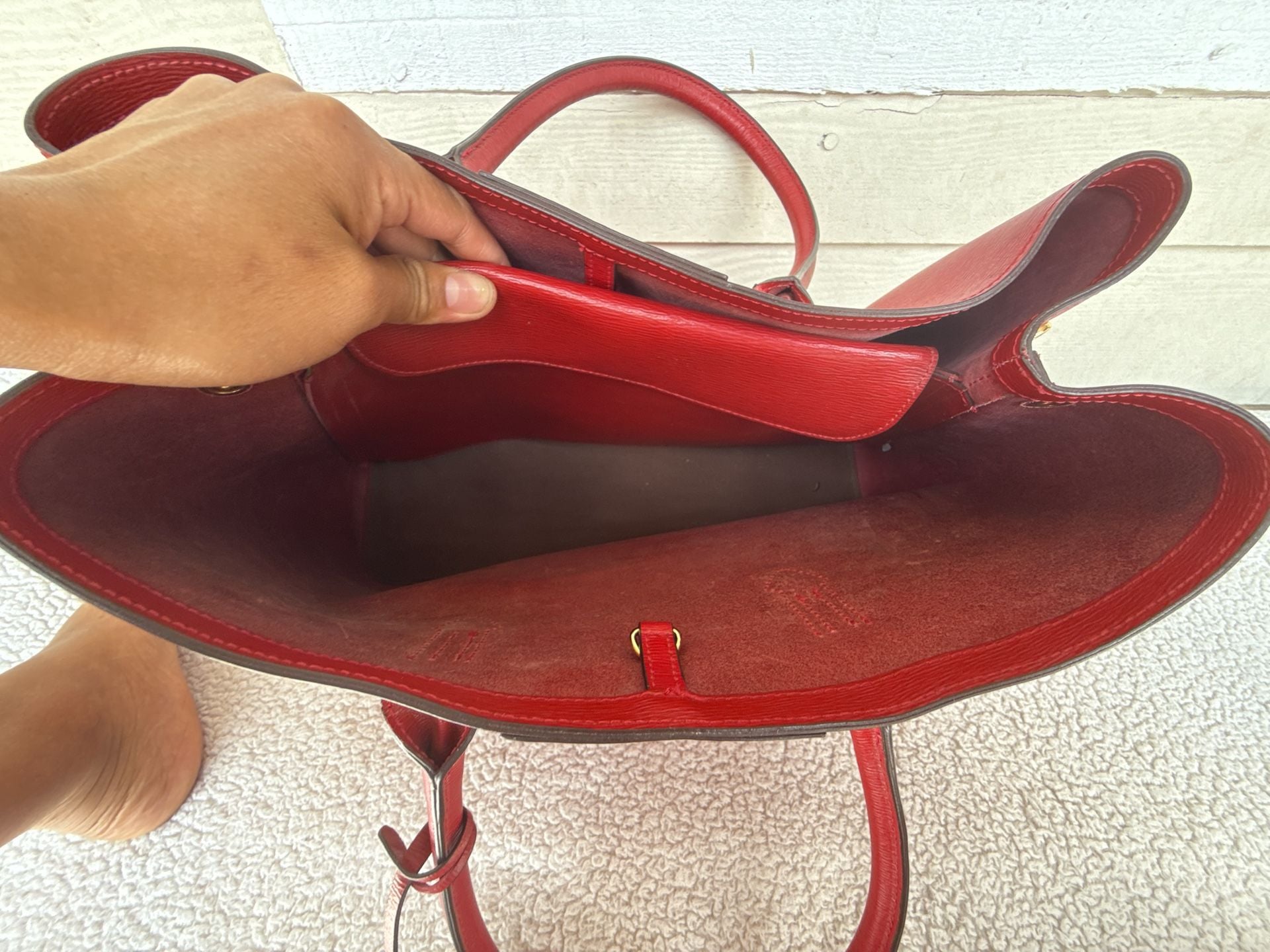 Ralph Lauren Red Textured Leather Double Handle Tote Bag 7