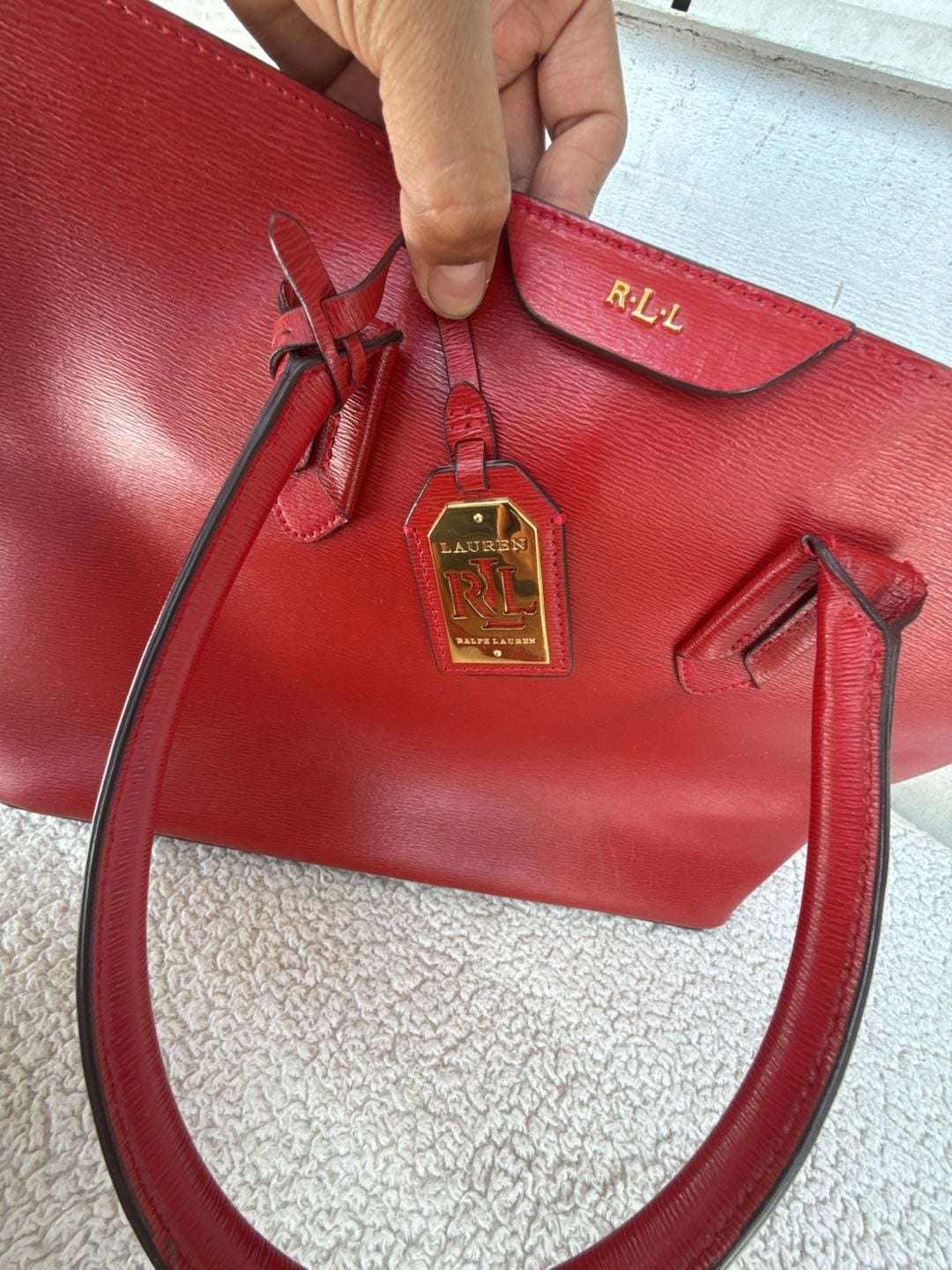 Ralph Lauren Red Textured Leather Double Handle Tote Bag 10