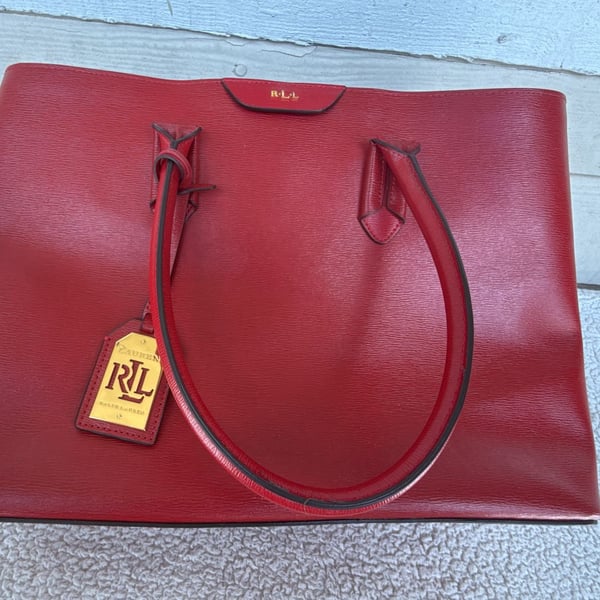 Ralph Lauren Red Textured Leather Double Handle Tote Bag