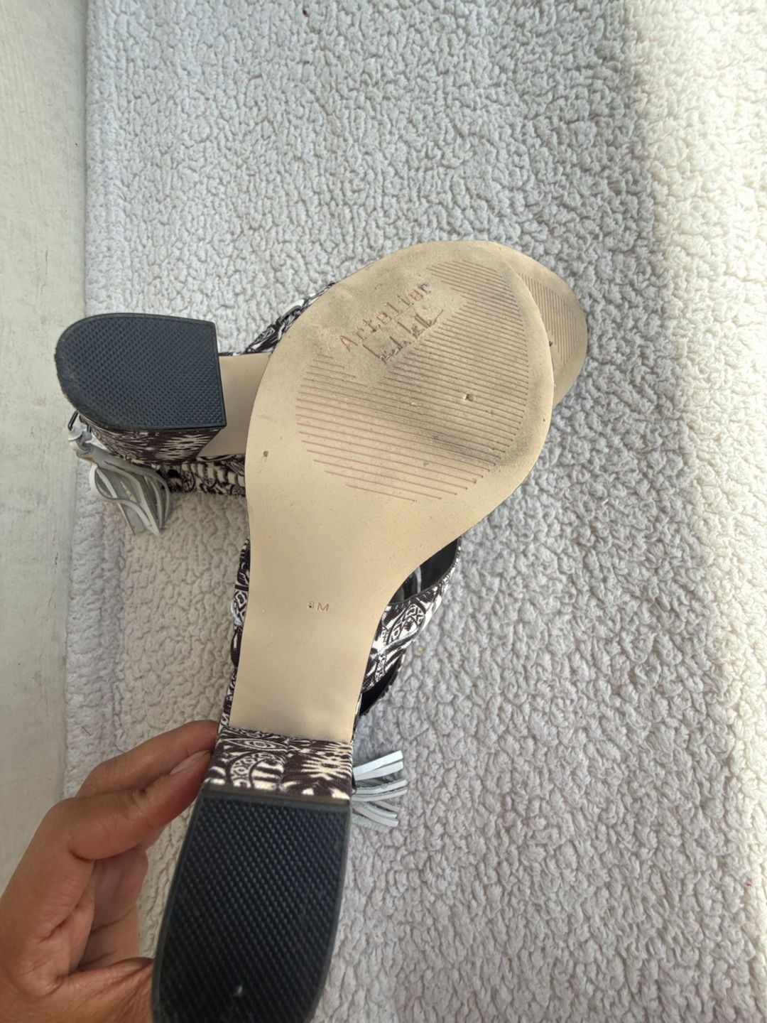 Nicole Miller Artelier Black and White Patterned Heeled Sandals with Tassel 7