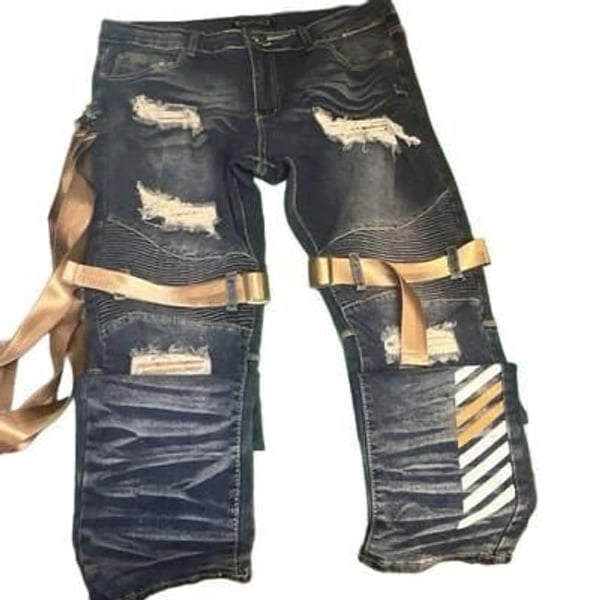 PREOWNED!!! M. Society Men's Blue Medium Wash Slim Tapered Stretch Jeans Strap Buckle