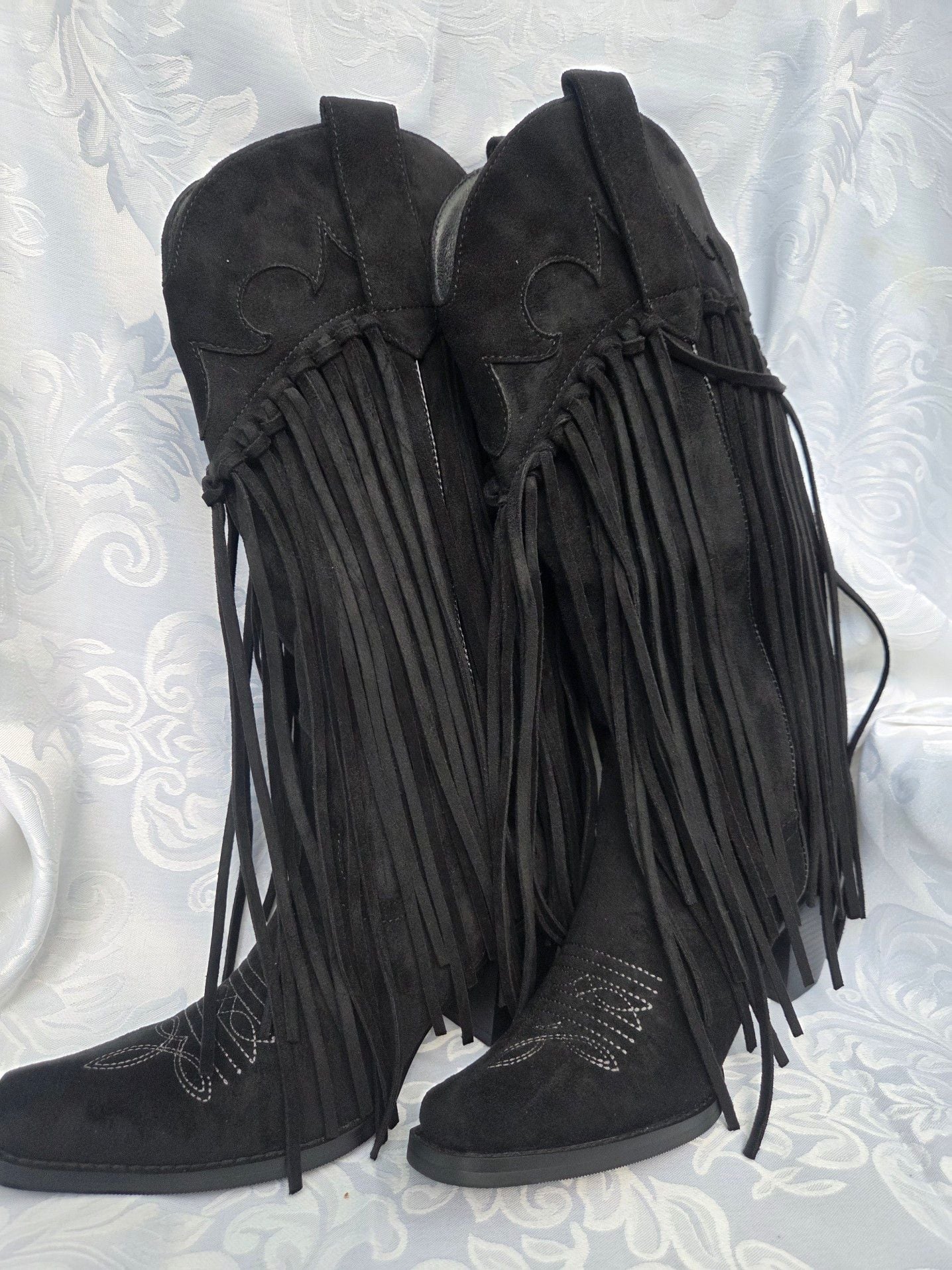 Fringe Women's Cowgirl Boots. Pointed Toe Embroidery Fringe Detail Mid Calf Boots. 2