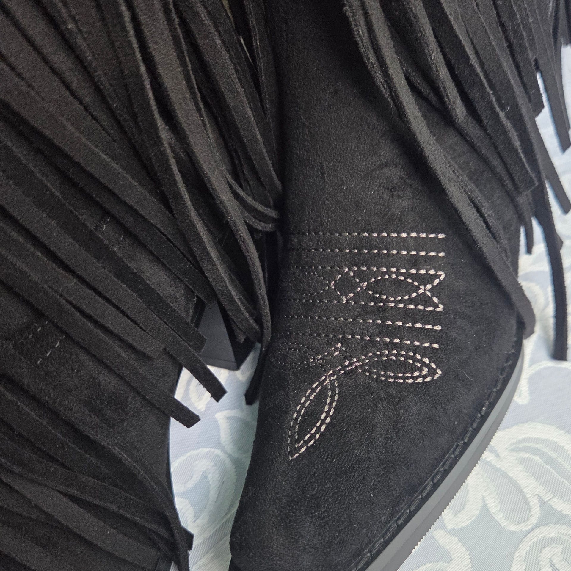 Fringe Women's Cowgirl Boots. Pointed Toe Embroidery Fringe Detail Mid Calf Boots. 3