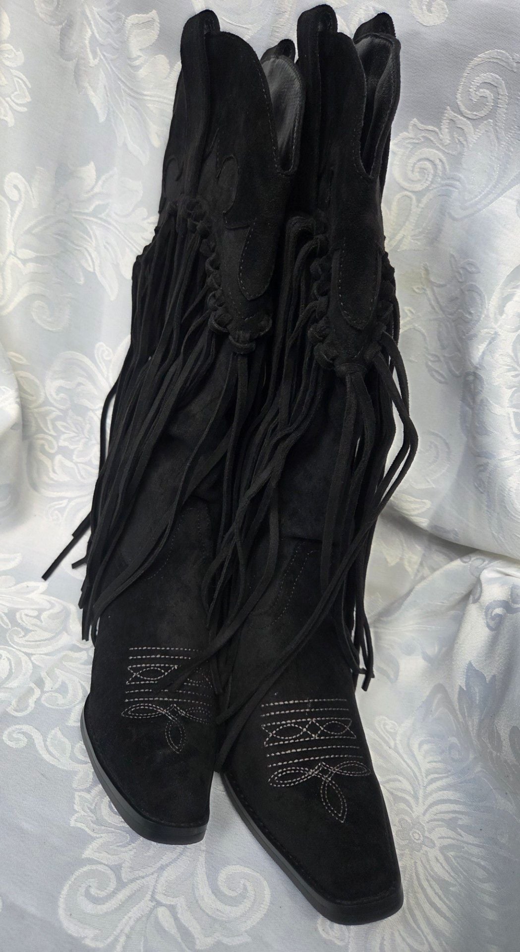 Fringe Women's Cowgirl Boots. Pointed Toe Embroidery Fringe Detail Mid Calf Boots. 5