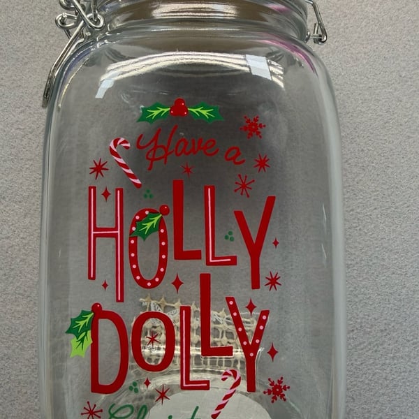 Dolly Parton Christmas Holiday Glass Storage Jar with Wire Clasp Lid and Holly Jolly Design