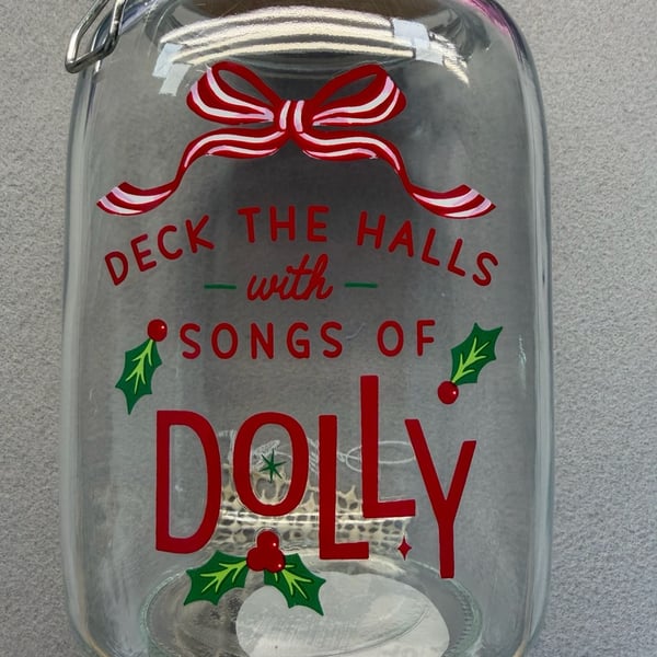 Dolly Parton Christmas Glass Storage Jar with Wire Clasp and Wooden Lid