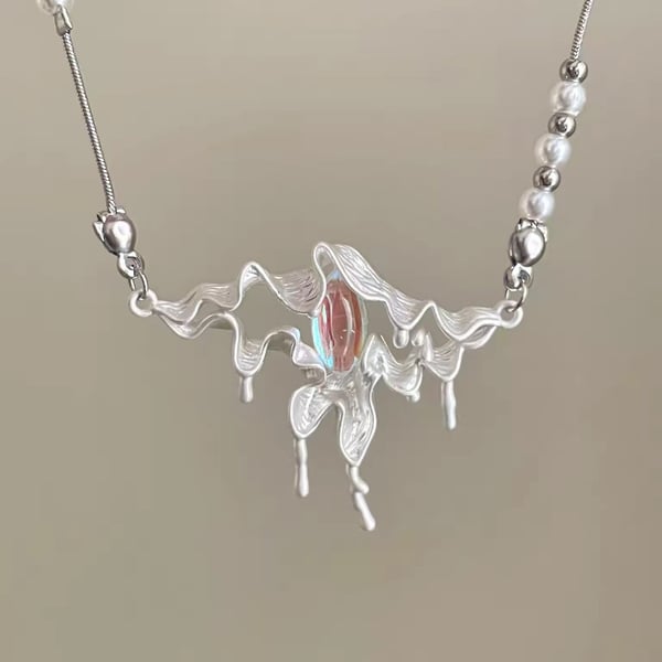 Unique Statement Necklace with Gemstone Pendant and Pearls Wave goth punk alt