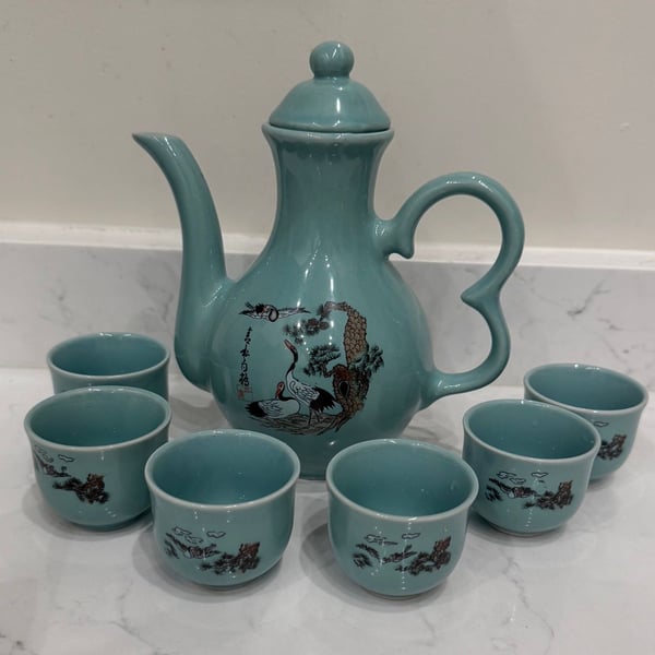 Vintage Asian Celadon Green Ceramic Teapot and 6 Cups Set with Red-Crowned Cranes
