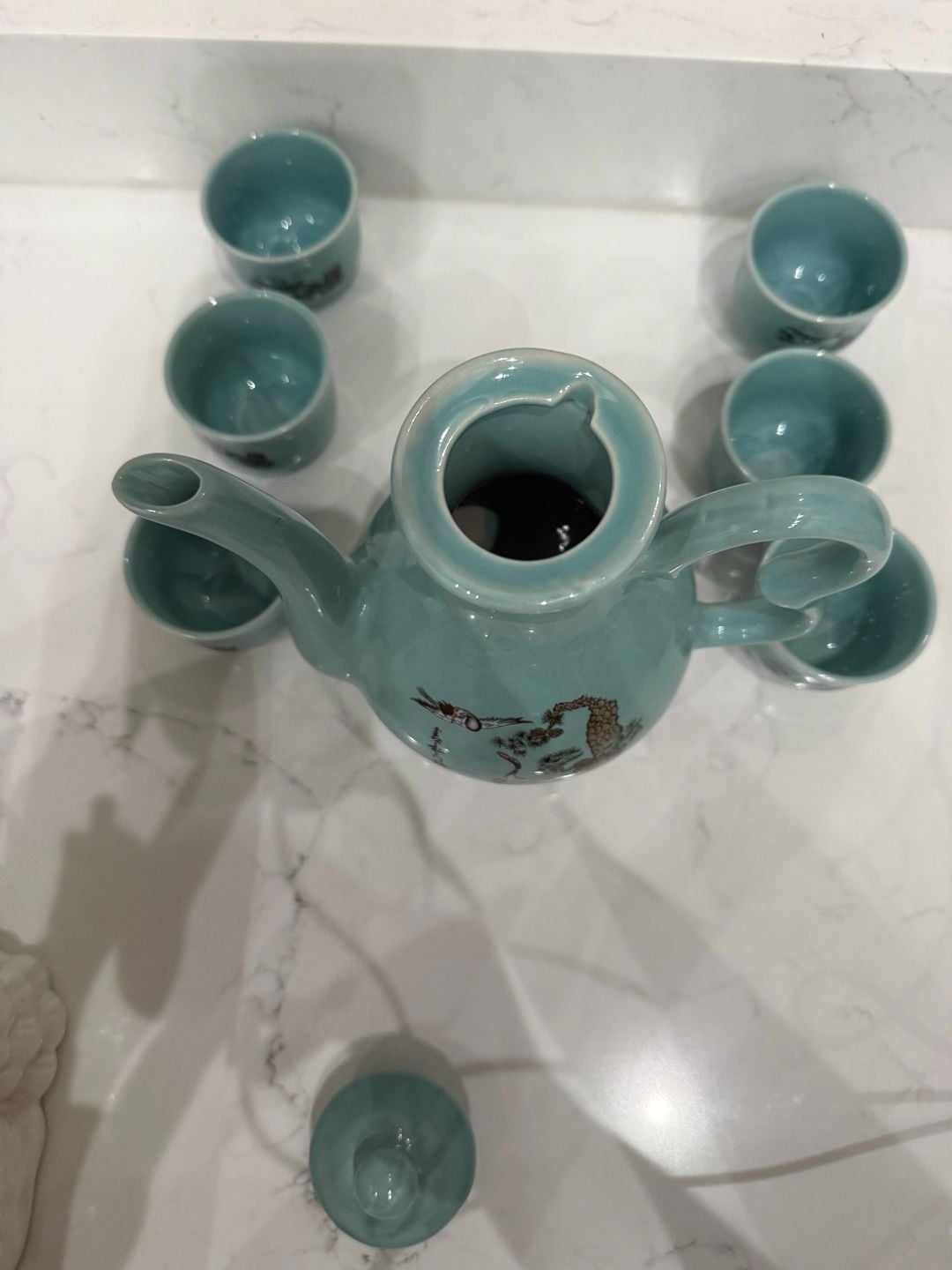Vintage Asian Celadon Green Ceramic Teapot and 6 Cups Set with Red-Crowned Cranes 7