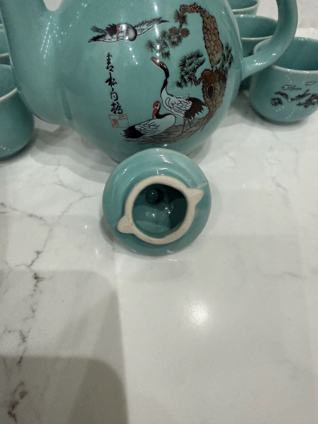 Vintage Asian Celadon Green Ceramic Teapot and 6 Cups Set with Red-Crowned Cranes 9