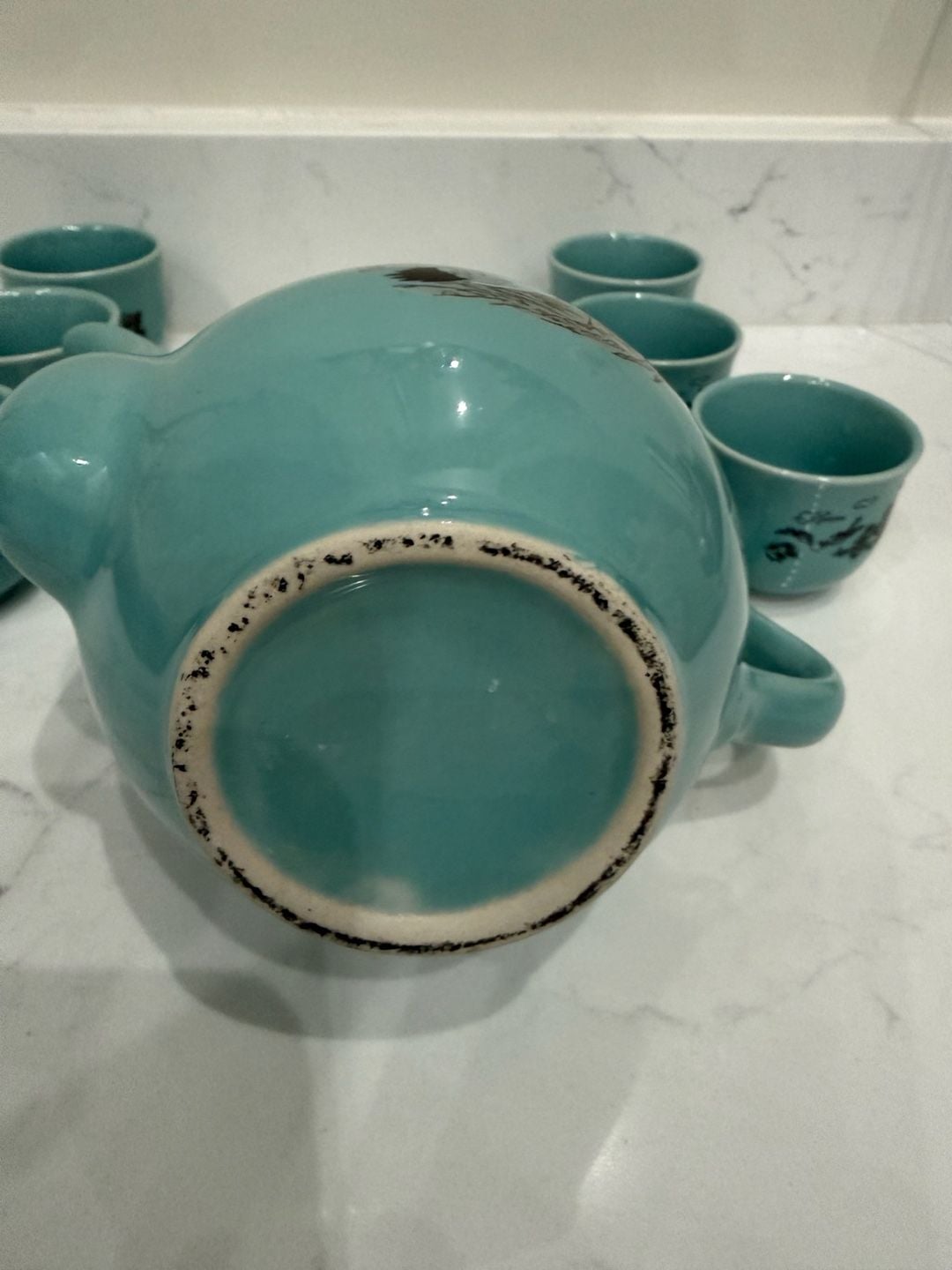 Vintage Asian Celadon Green Ceramic Teapot and 6 Cups Set with Red-Crowned Cranes 10
