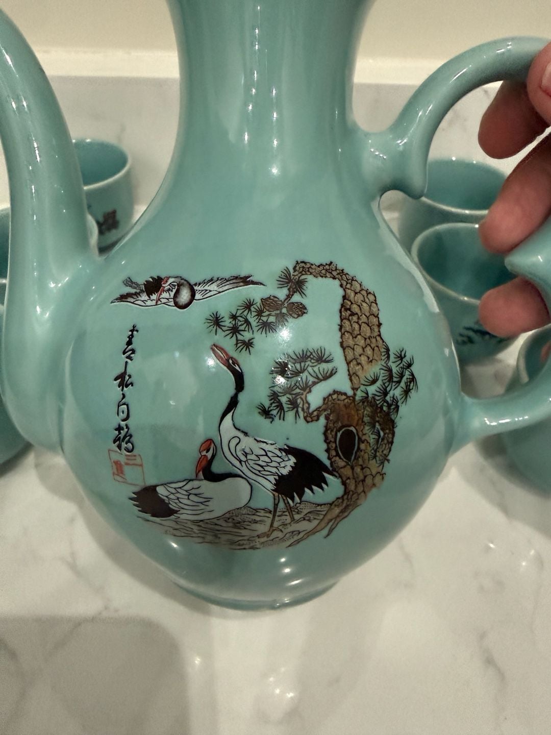 Vintage Asian Celadon Green Ceramic Teapot and 6 Cups Set with Red-Crowned Cranes 11