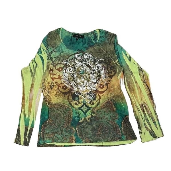 B.L.E.U. Green and Brown Paisley Graphic Long Sleeve Top