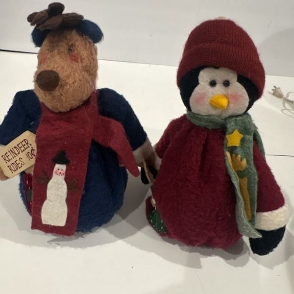 Set of 2 Primitive Christmas Plush Dolls Reindeer and Penguin Shelf Sitters