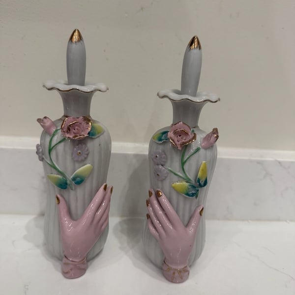 Vintage Porcelain Perfume Bottle Set Applied Flowers Pink Hands with Gold Trim