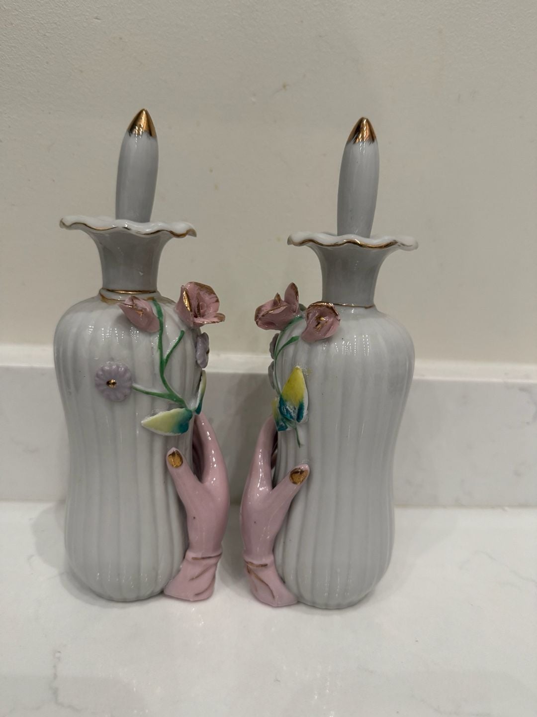 Vintage Porcelain Perfume Bottle Set Applied Flowers Pink Hands with Gold Trim 7