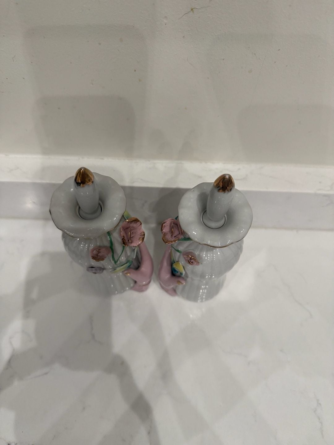 Vintage Porcelain Perfume Bottle Set Applied Flowers Pink Hands with Gold Trim 8