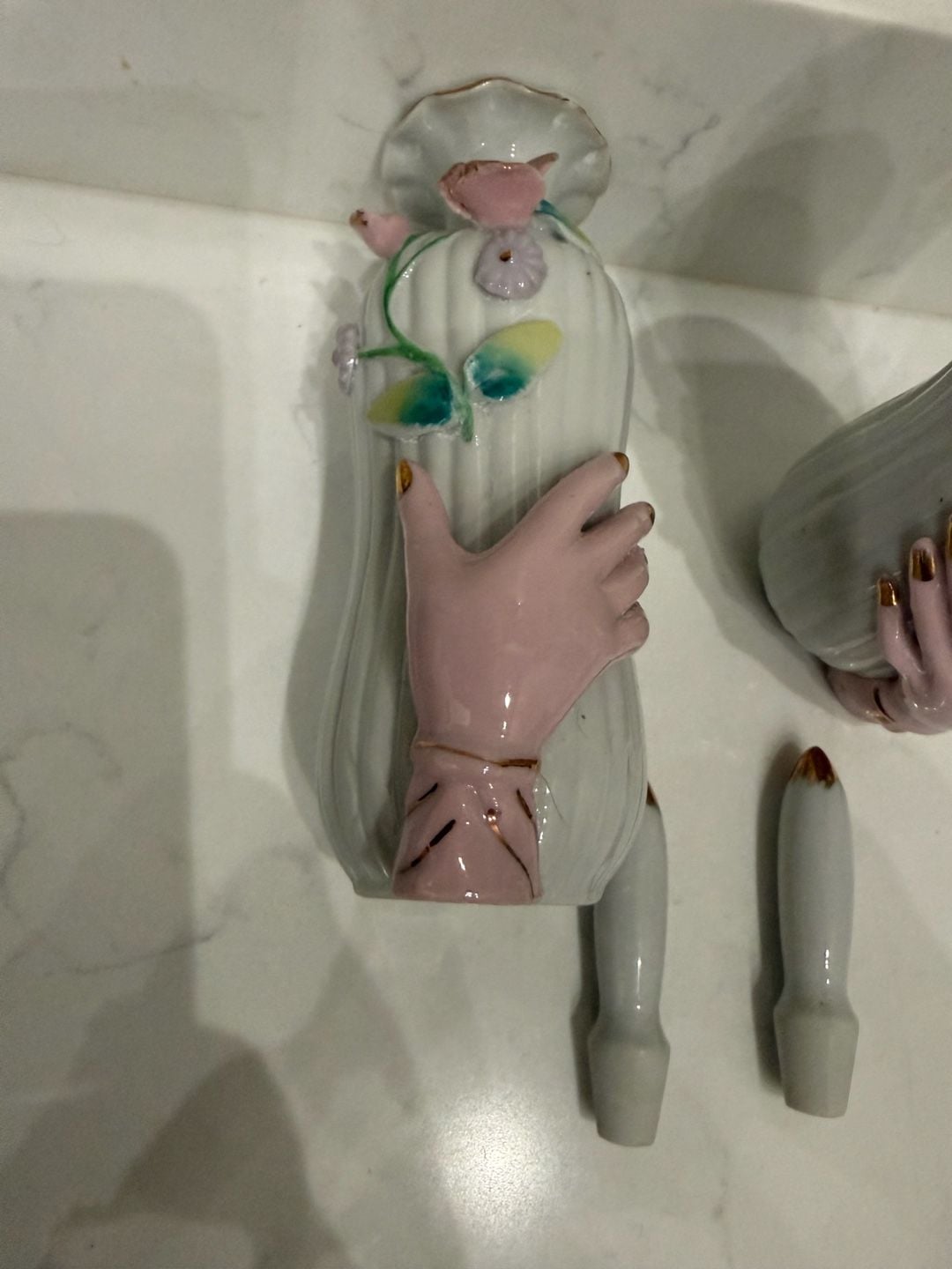 Vintage Porcelain Perfume Bottle Set Applied Flowers Pink Hands with Gold Trim 10