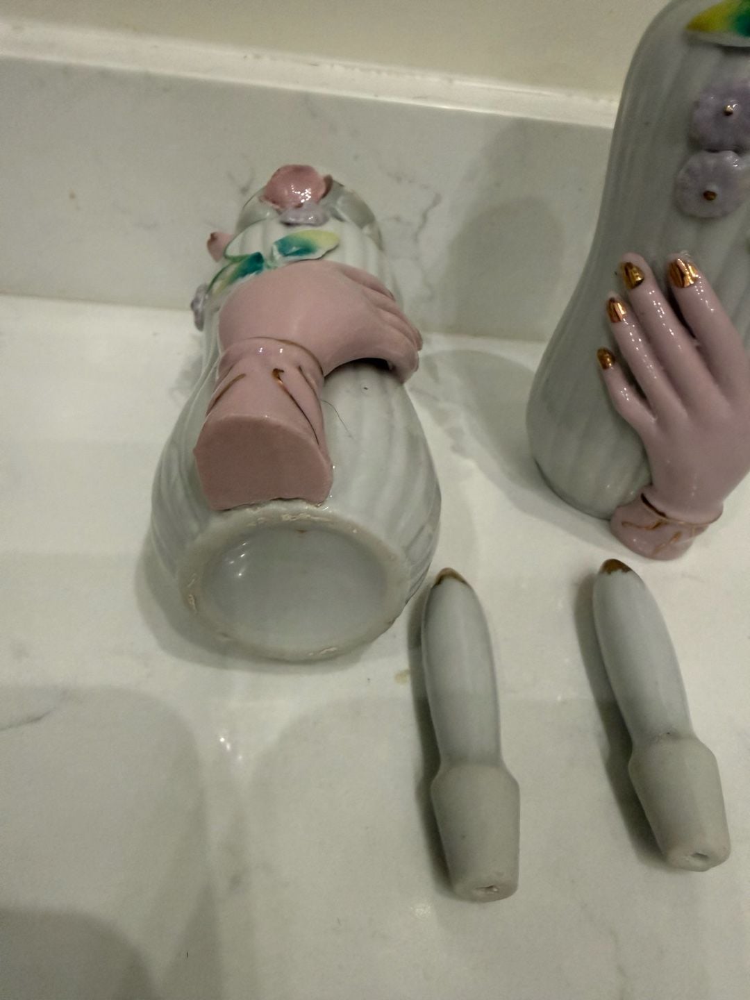 Vintage Porcelain Perfume Bottle Set Applied Flowers Pink Hands with Gold Trim 11