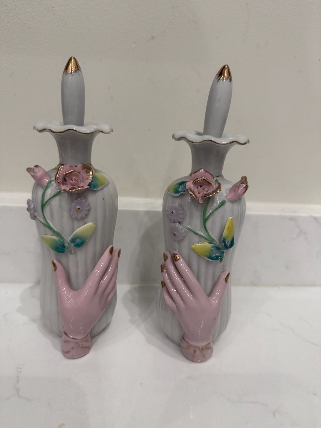 Vintage Porcelain Perfume Bottle Set Applied Flowers Pink Hands with Gold Trim 12