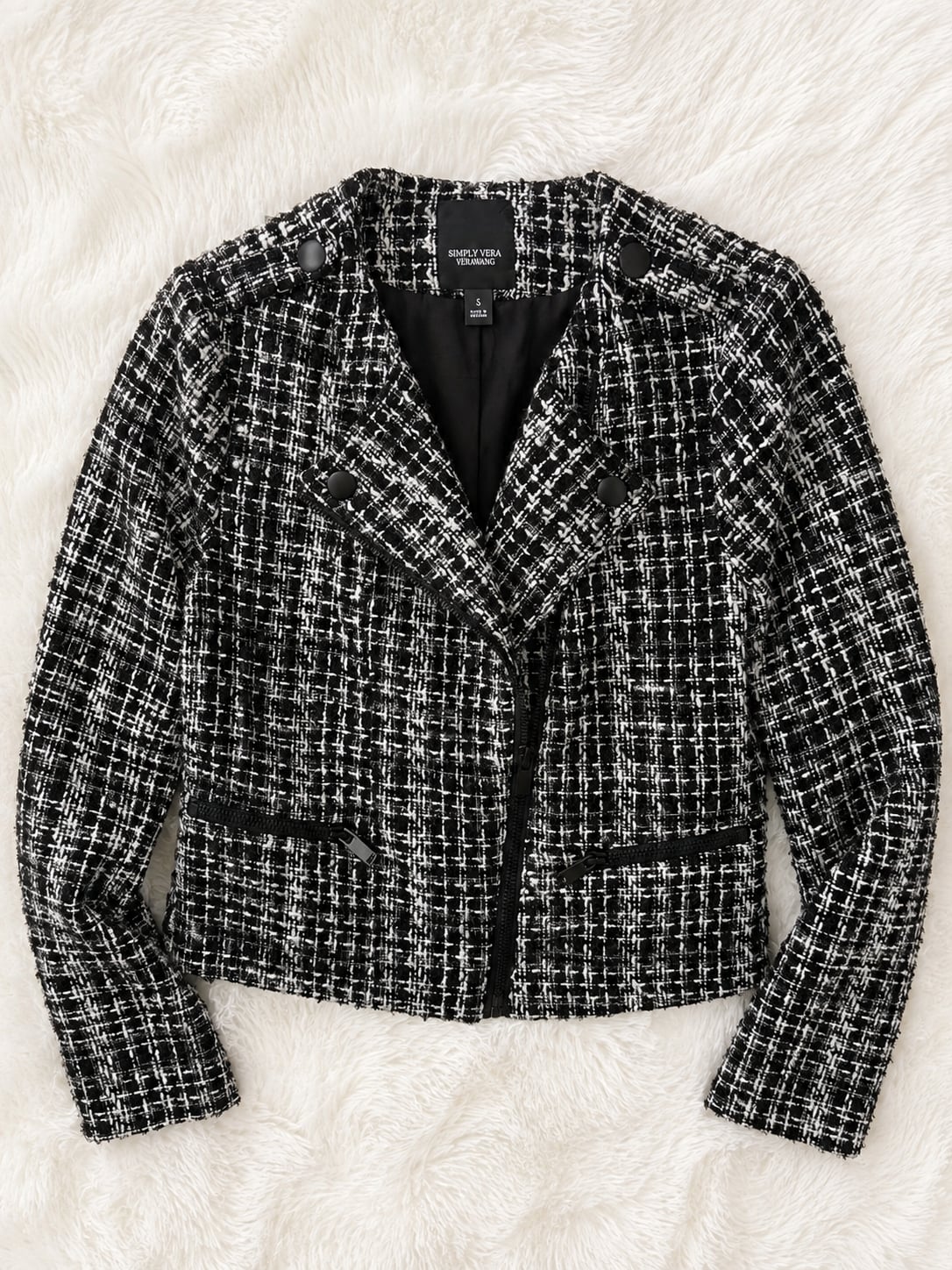 Simply Vera Vera Wang Black And White Tweed Cropped Moto Jacket Size S 2