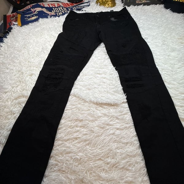 Focus Jeans Mens Black Biker Distressed Skinny Jeans Rip and Repair