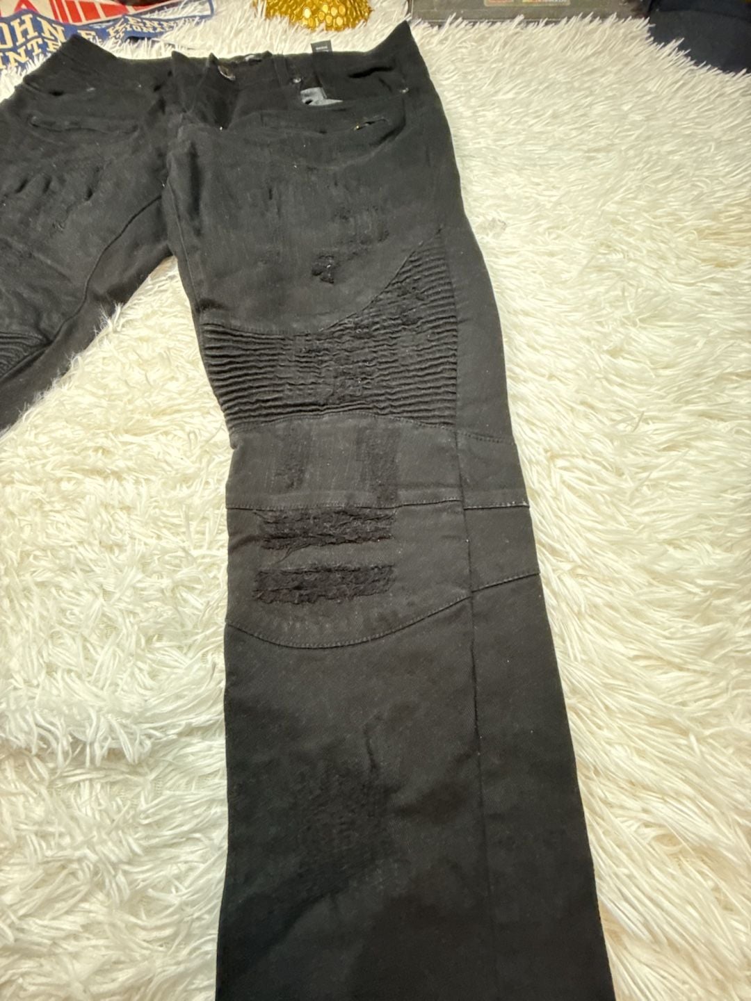 Focus Jeans Mens Black Biker Distressed Skinny Jeans Rip and Repair 4