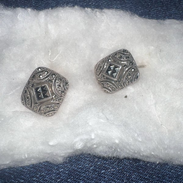Judith Jack Sterling Silver & Marcasite Square Earrings With Omega Clip On Backs