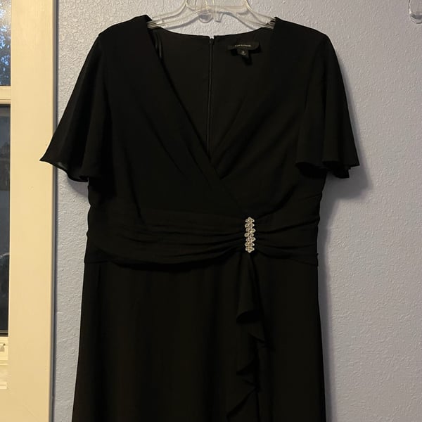 R&M Richards Black V-Neck Rhinestone Embellished Chiffon Evening Dress