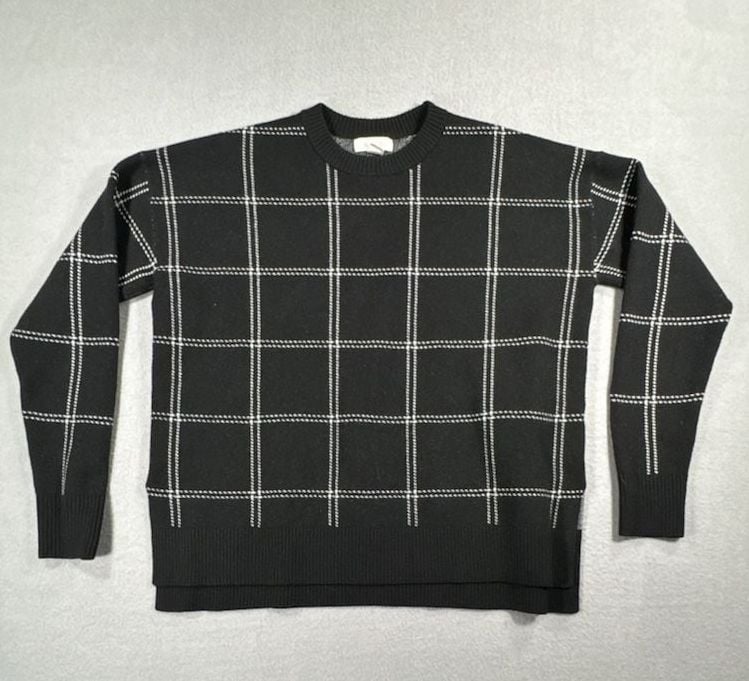 Nordstrom Rack Black and White Plaid Grid Pattern Crewneck Sweater 2