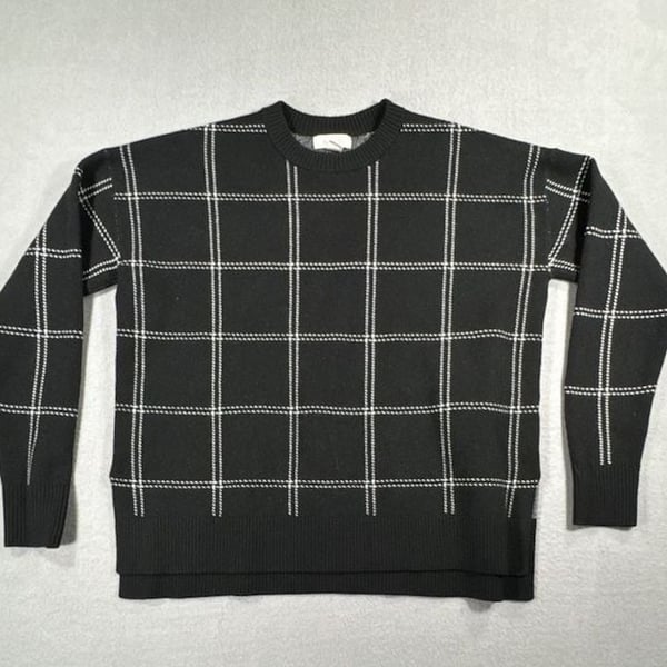 Nordstrom Rack Black and White Plaid Grid Pattern Crewneck Sweater