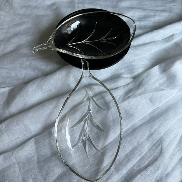 Vintage Hazel Atlas Leaf Shaped Clear Glass Snack Plates Sets of 2