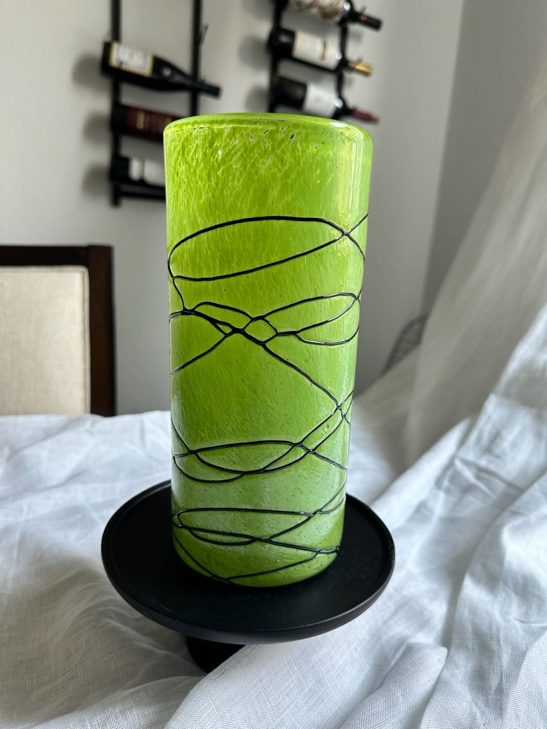 Vintage Murano Style Lime Green Blown Art Glass Vase with Applied Black Spaghett 1