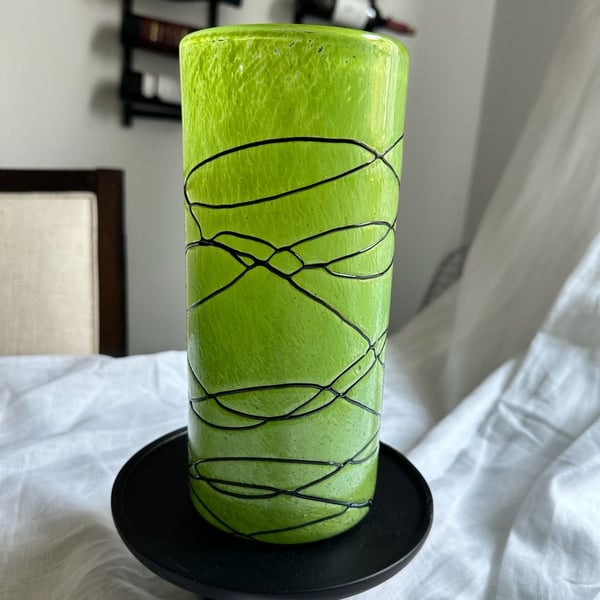 Vintage Murano Style Lime Green Blown Art Glass Vase with Applied Black Spaghett