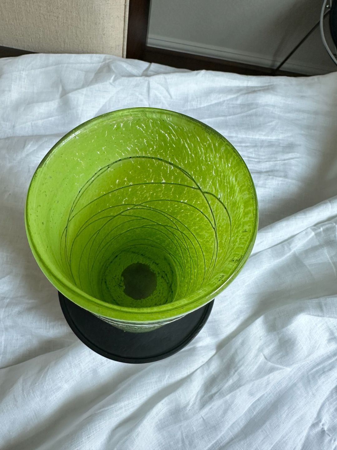 Vintage Murano Style Lime Green Blown Art Glass Vase with Applied Black Spaghett 2