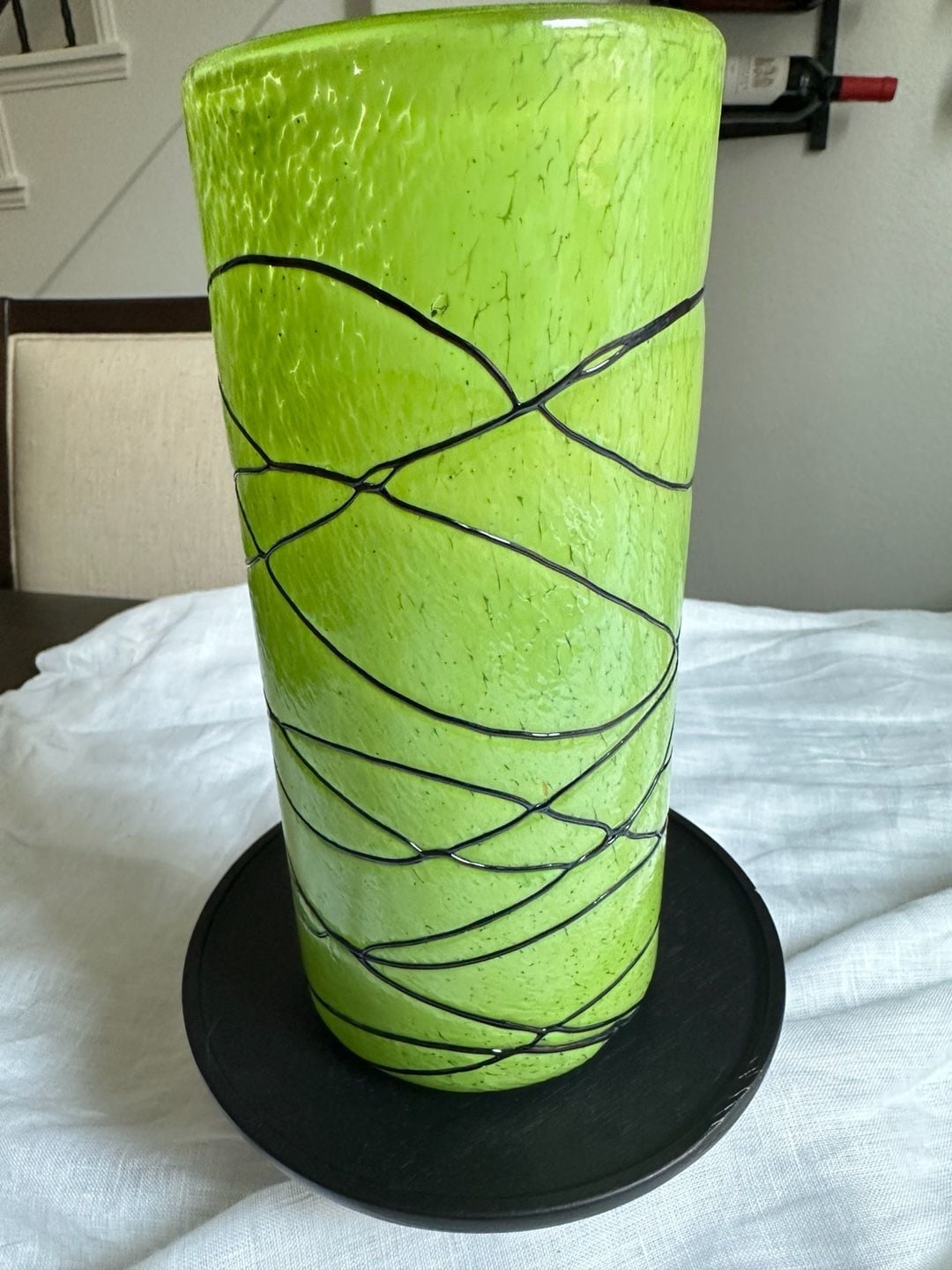 Vintage Murano Style Lime Green Blown Art Glass Vase with Applied Black Spaghett 3