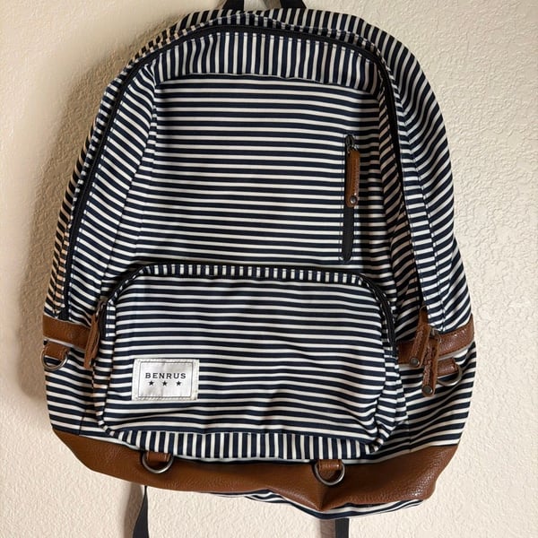 Benrus Blue and White Striped Canvas Backpack with Brown Faux Leather Trim