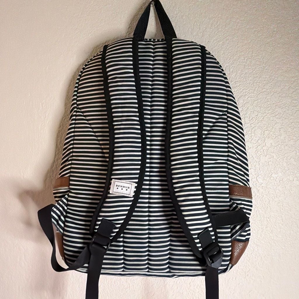 Benrus Blue and White Striped Canvas Backpack with Brown Faux Leather Trim 3