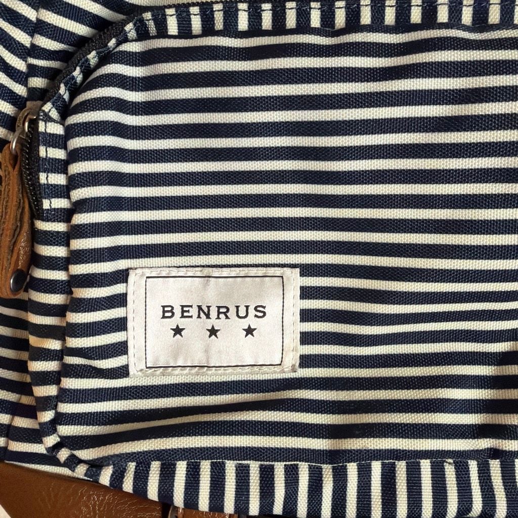 Benrus Blue and White Striped Canvas Backpack with Brown Faux Leather Trim 4