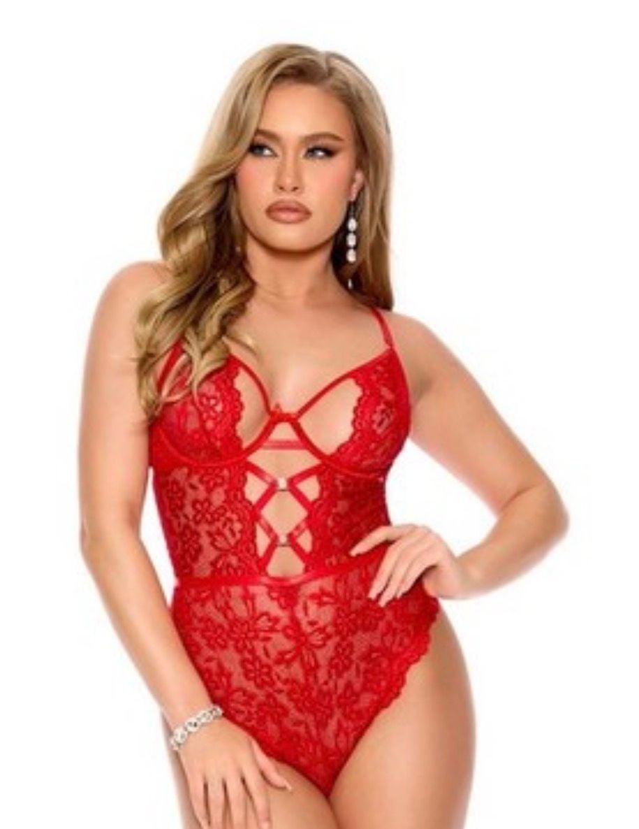 Scalloped Lace Teddy in Merlot - 1