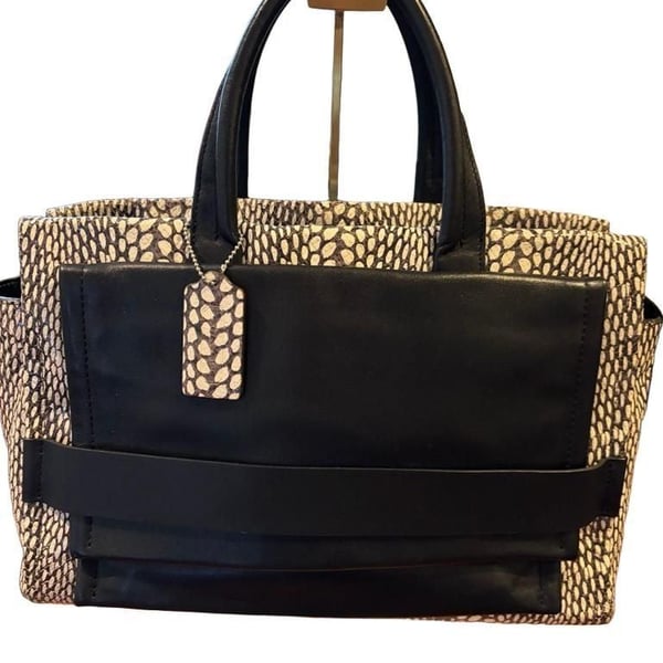 COACH F28303 Painted Snakeskin Leather Carryall Satchel Black & White