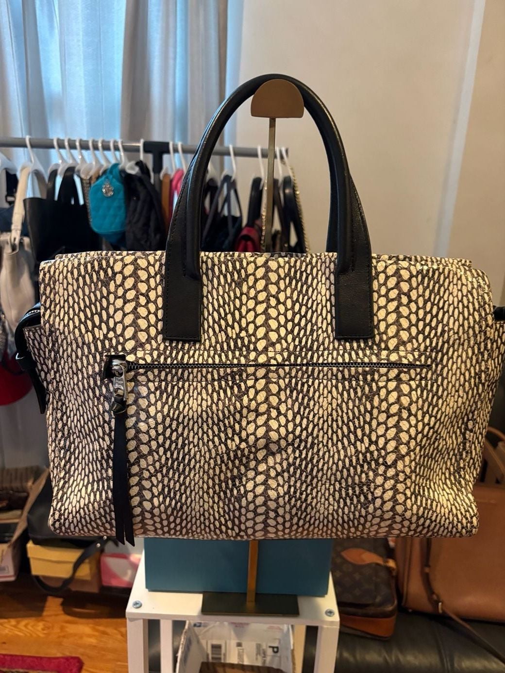 COACH F28303 Painted Snakeskin Leather Carryall Satchel Black & White 3