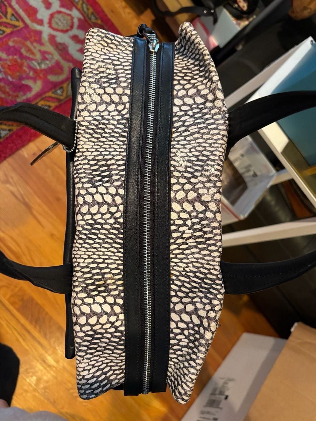 COACH F28303 Painted Snakeskin Leather Carryall Satchel Black & White 8